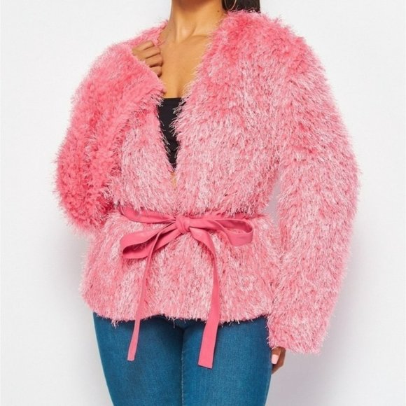 Hot & Delicious Noemi Shaggy Cropped Cardigan Pink Size Large NWT - Picture 1 of 4